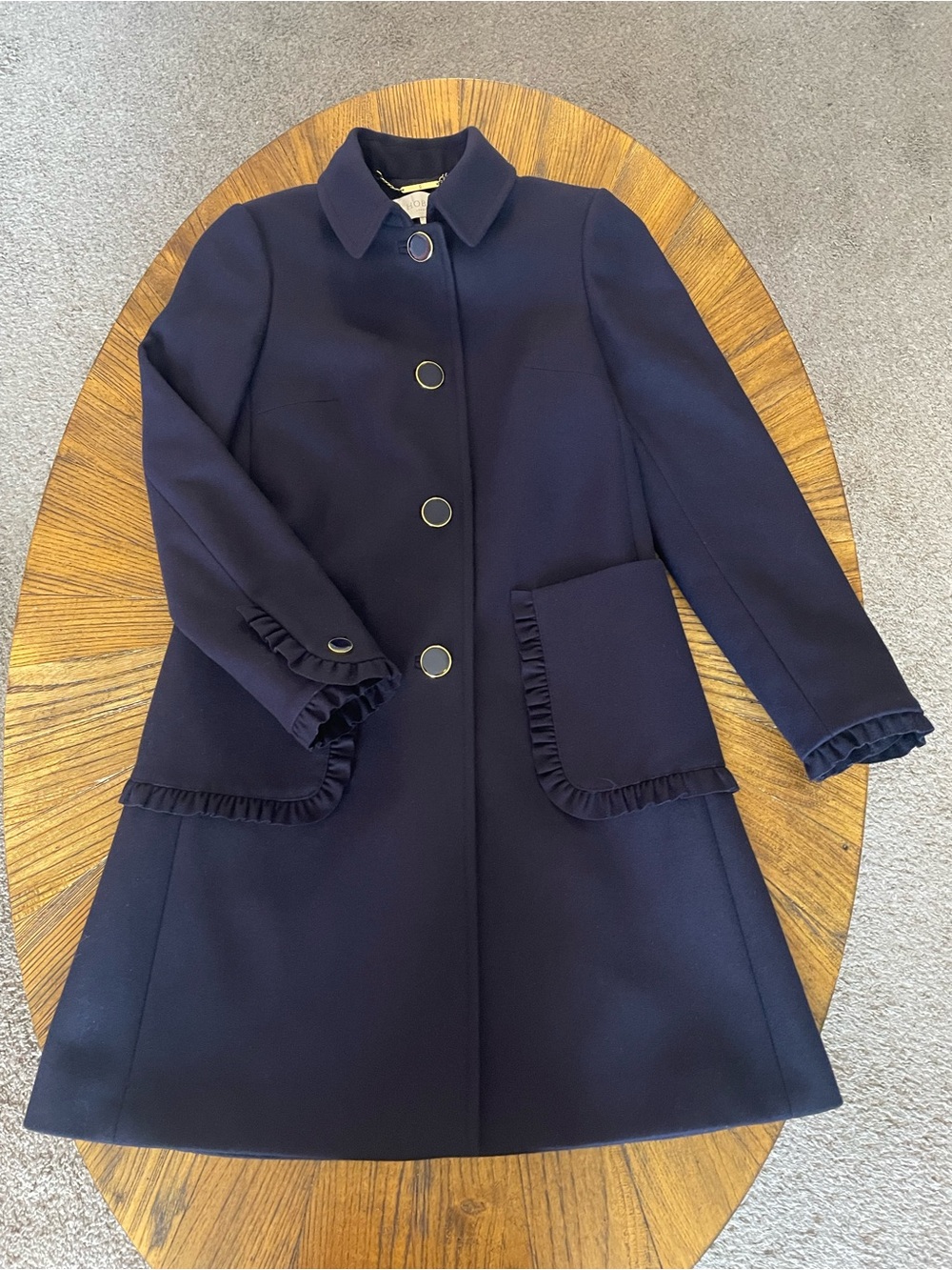 Hobbs London Tailored Navy Ruffle-Trim Wool Blend Coat